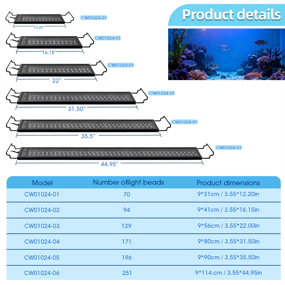 Lumière LED pour aquarium avec minuterie et réglage de la luminosité